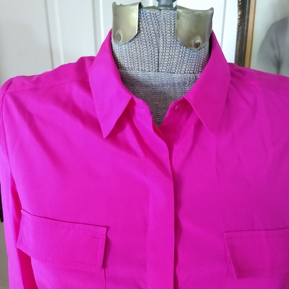 ANN TAYLOR Bright Pink Long Sleeve Button Down Silk Blend Shirt - Picture 2 of 10